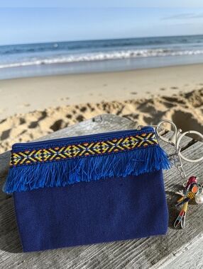 Embroidered Blue Fringe Zip Pouch with Parrot Bag Charm / Keychain